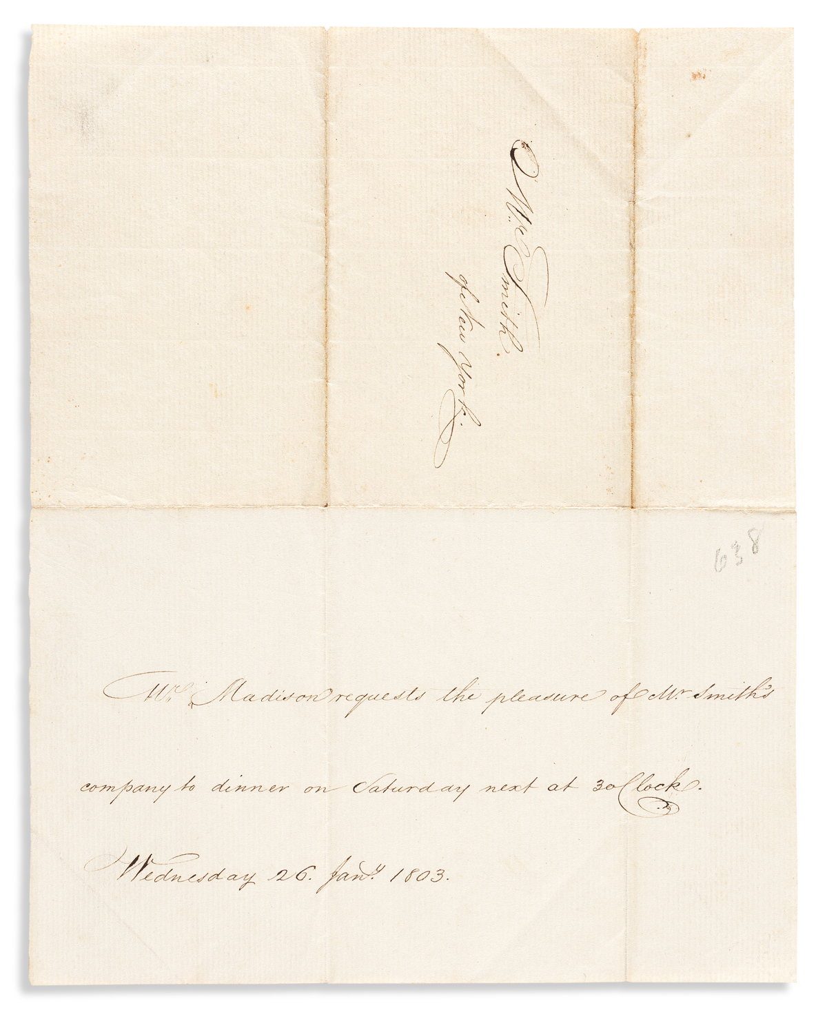 (PRESIDENTS--1803.) Invitation to visit Secretary of State James Madison for dinner.